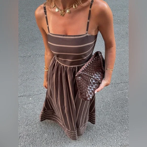 Brown tan striped maxi dress cut out open back boho vacation dress - Picture 1 of 5